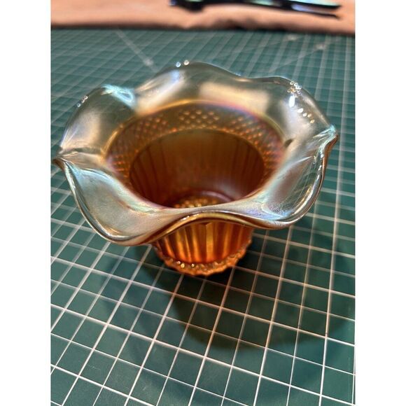 Vintage Iridescent Amber Carnival Glass Ruffled Edge Bowl - Picture 2 of 3